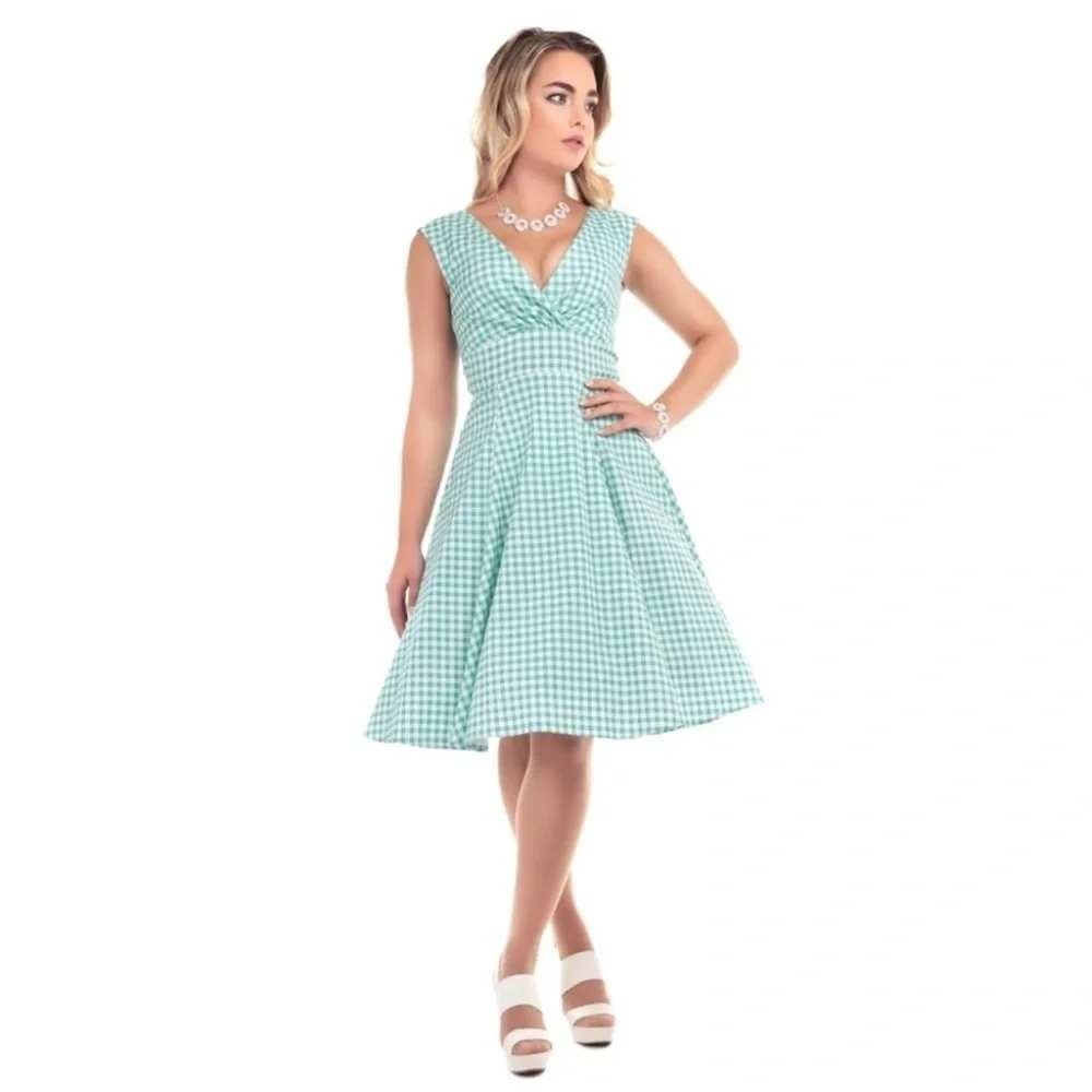 Collectif Pamela Swing Dress Size L/10 Green Gingham Check V Neck Retro 50s Fit‎